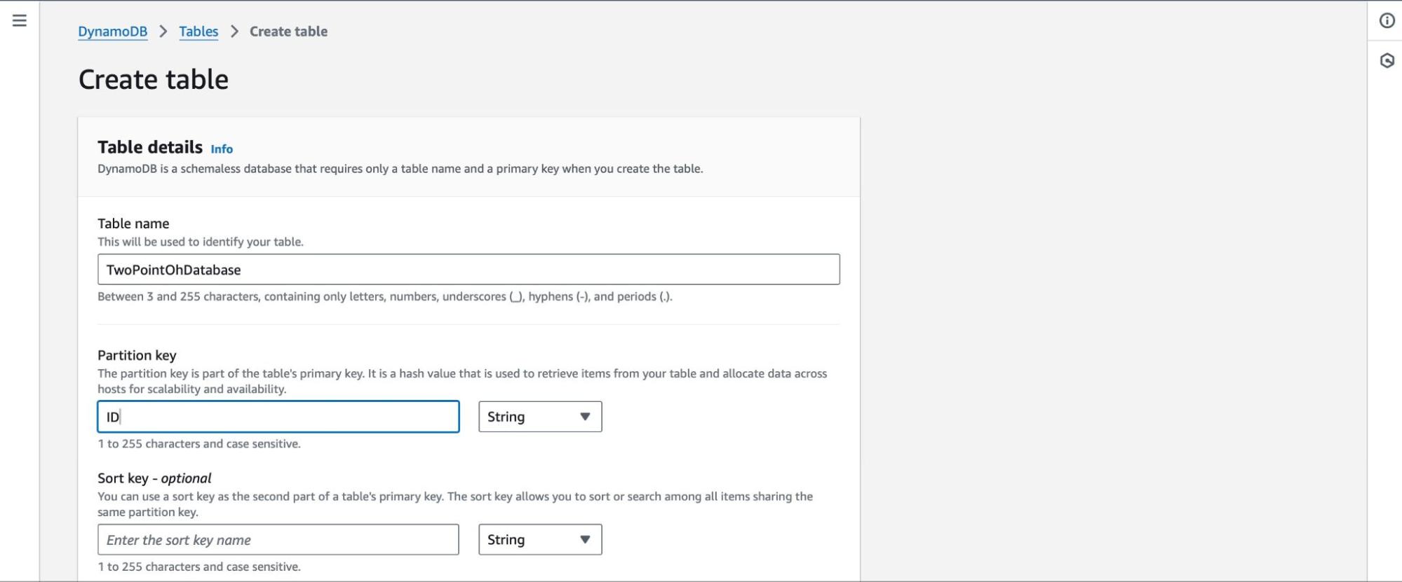DynamoDB table details